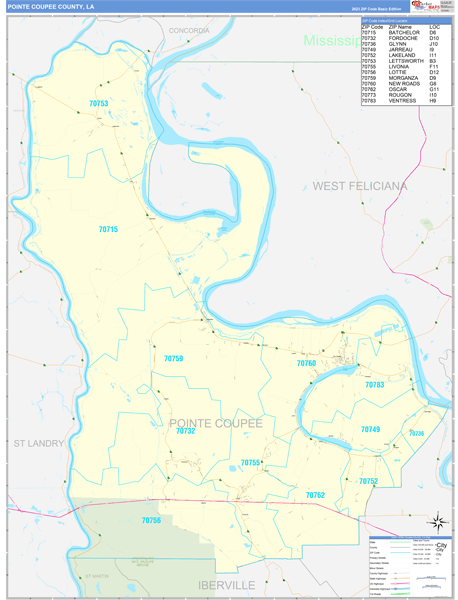 Pointe Coupee Parish (County), LA Zip Code Wall Map